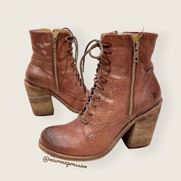 $428 Frye Vintage Brown Cognac Real Leather Distressed Zipper Lace Up Ankle Boot - Picture 3 of 11